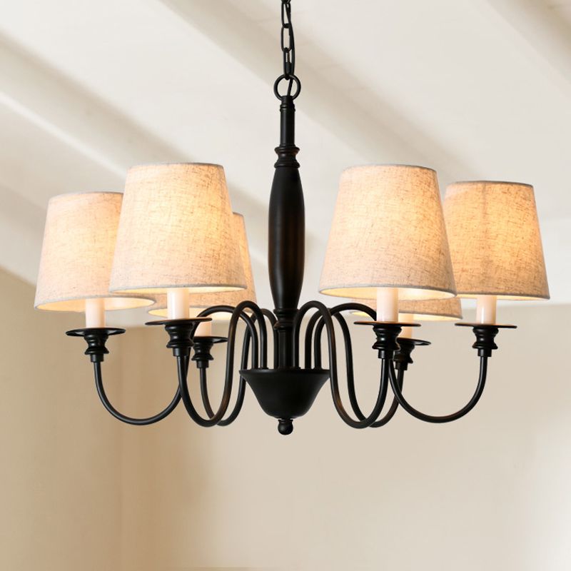 Black 6 Heads Lampadario Luce tessuto Country Tessuto a sospensione conica con braccio piumino