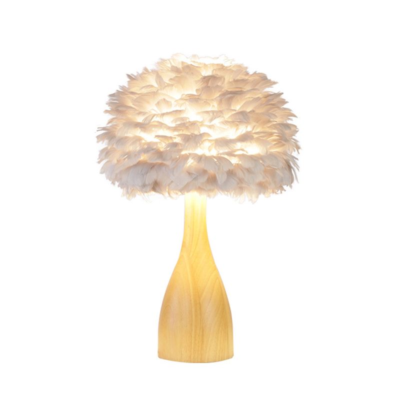 Lampada da comodino arrotondata per sala studio Lampada da scrivania minimalista a 1 testa con piuma con base in legno di bottiglia in bianco