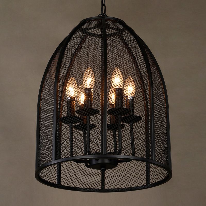 Black Iron Mesh Chandelier Lamp Traditional Metal 6 Lights Living Room Hanging Light