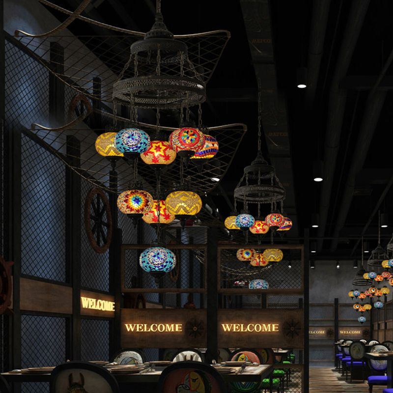 Stained Glass Lantern Pendant Lighting Bohemia Style 9 Bulbs Coffee House Ceiling Chandelier in Black