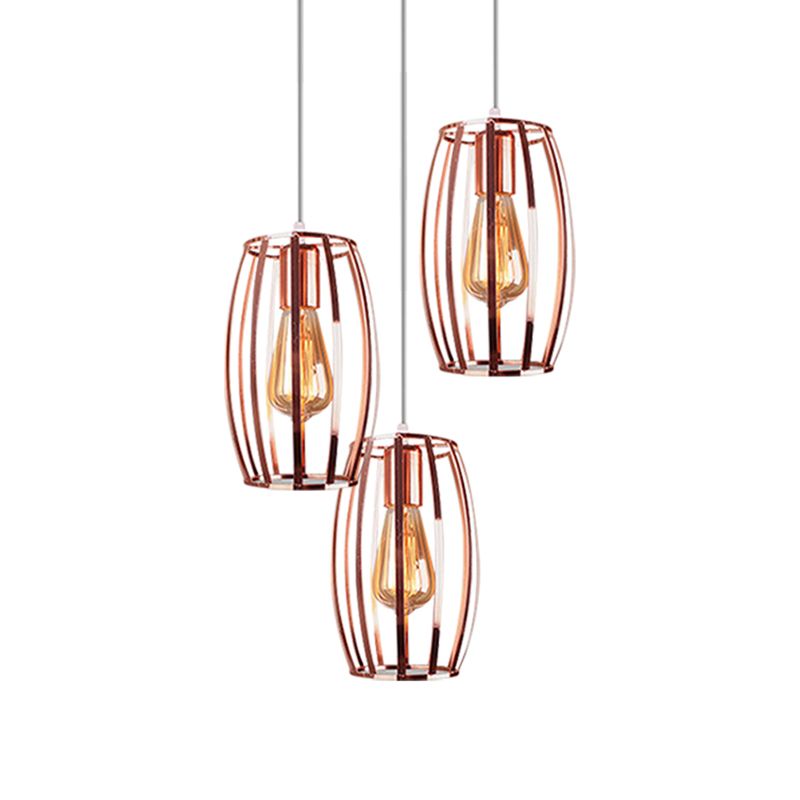 Eisenkupfer Hanging Lampe Ovaler Käfig Schatten 3 Lampen Industrielle stilvolle Deckenbehandlung mit runden/linearen Baldachin für Schlafzimmer