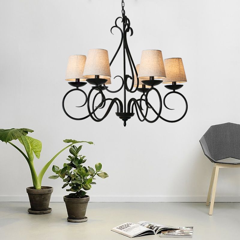 6 Lights Fabric Chandelier Light Traditional Coffee/Flaxen/White Conical Dining Room Hanging Light Fixture