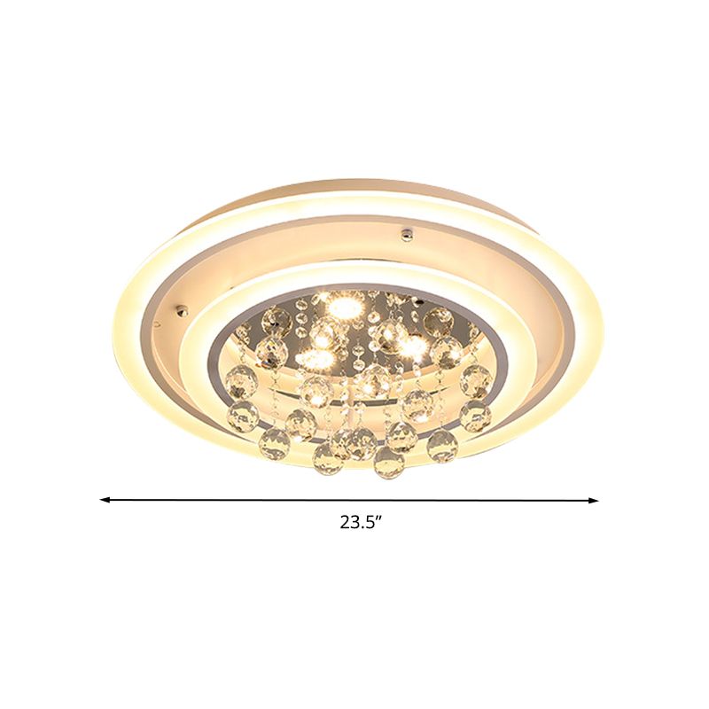 Round Flush Mount Light Modern Crystal Ball and White Acrylic LED Ceiling Light in White Light/Remote Control Stepless Dimming, 19.5"/23.5" Wide
