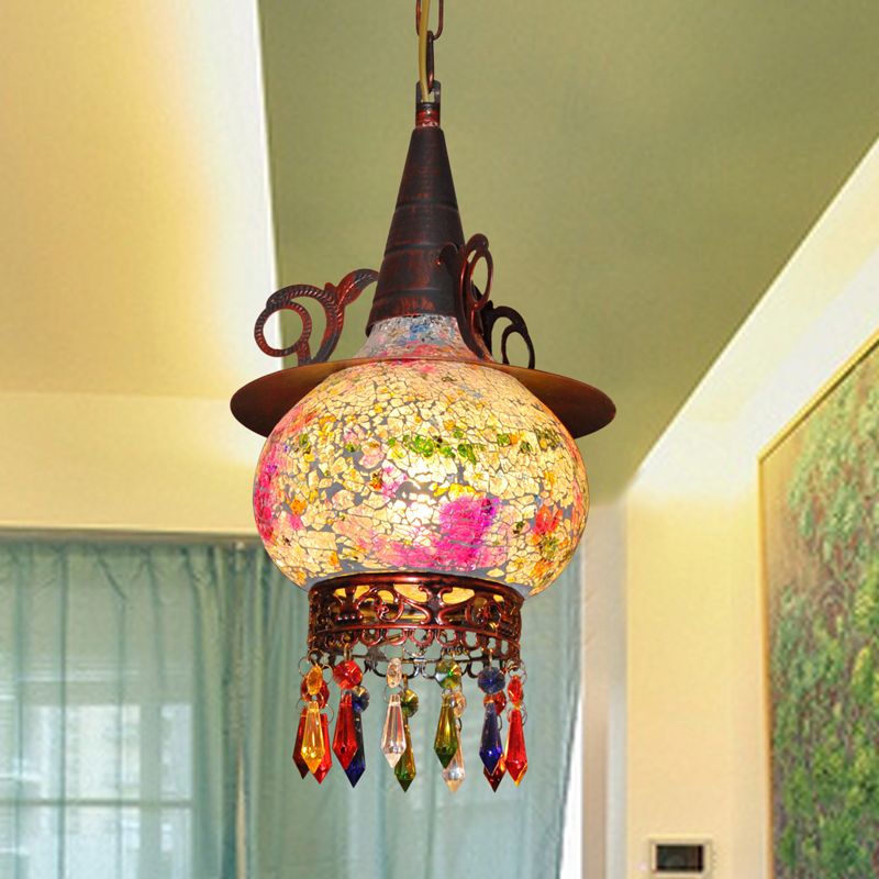 Lantaarn veranda hanglampje traditioneel gesneden glas 1 kop wit en rood/geel hangend plafondlicht