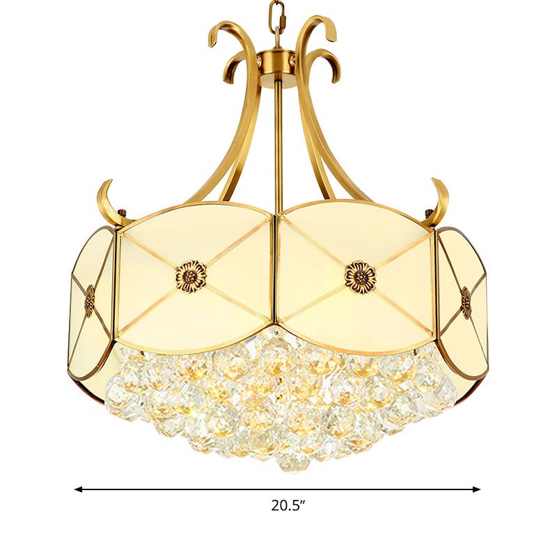 Drum Restaurant Ceiling Chandelier Colonial Ivory Glass 4 Heads Gold Hanging Light Fixture with Crystal Ball