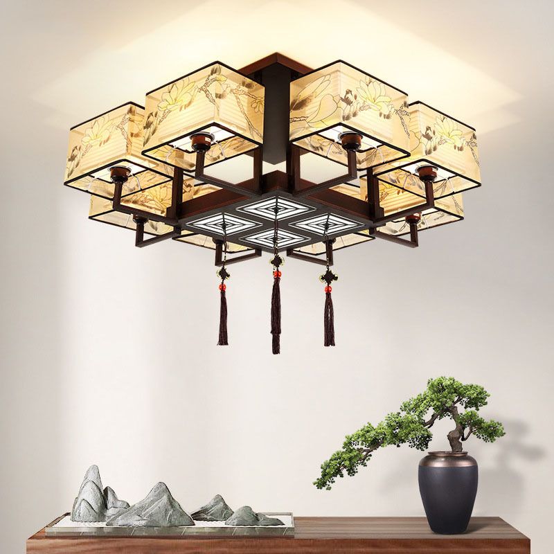 Braune Halbflush -Mount -Lampe Traditioneller Stil Schmiedeeisen Deckenleuchte mit quadratischem Stoff Schatten