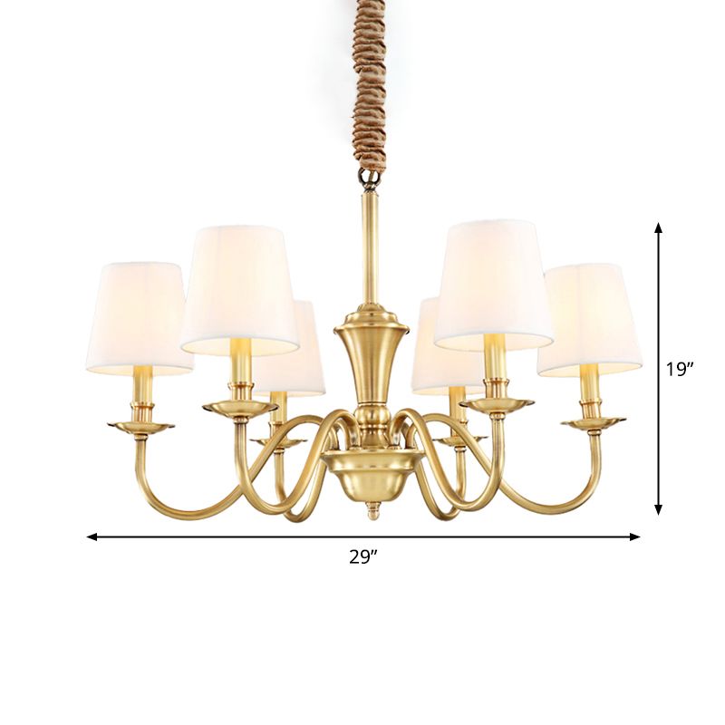 Gold 6/8-Light Hanging Chandelier Colonial Style Fabric Conical Suspension Pendant Light