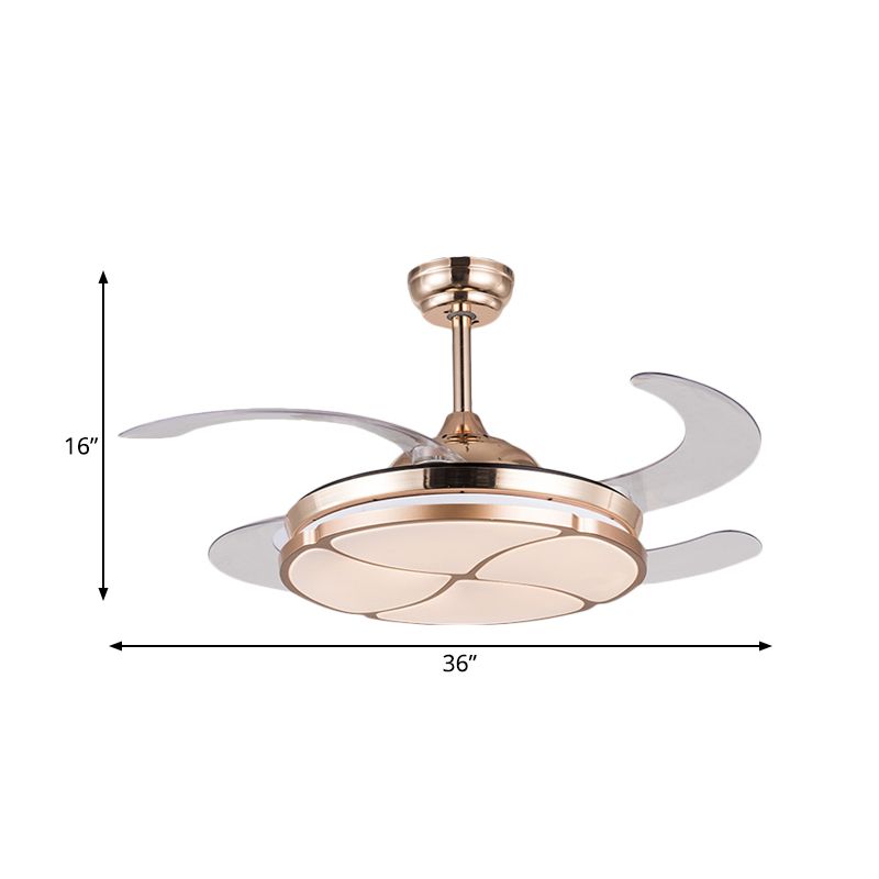 36 "breit goldene LED Hanging Lüfterbeleuchtung Minimalismus Metallring 4 klare Klingen Halbflächen -Deckenlicht für Wohnzimmer, Fern-/Wandsteuerung/Fernbedienung und Wandsteuerung