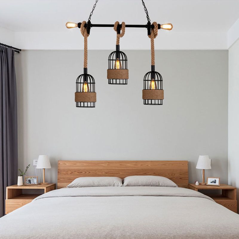 3 - Light Industrial Kitchen Island Lighting Metal & Hemp Rope Ceiling Fixture in Black