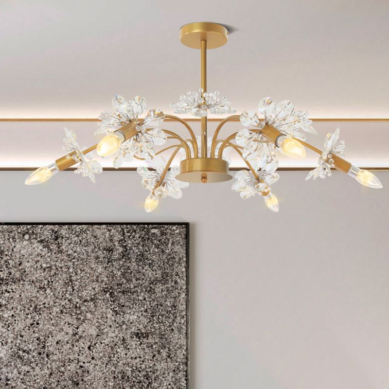 Curved Arm Metal Chandelier Light Traditional 6 Lights Living Room Hanging Lamp with Clear/Cream Crystal Accent