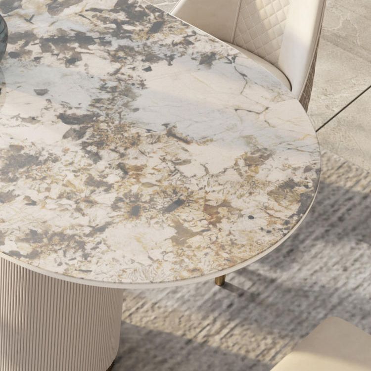 Traditional Luxury Sintered Stone Top Dining Table in White Oval Table with Double Pedestal