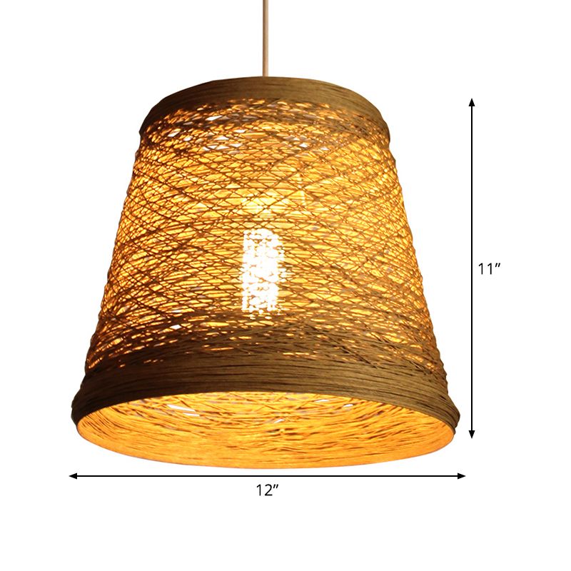 Bamboo Rattan Bucket Pendant Light Rural Single Flaxen Hanging Lamp Kit for Restaurant