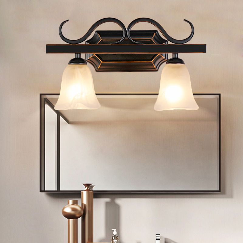 Classic Bell Vanity Lamp 2/3 Lights Frosted Glass Wall Mounted Light in Black for Bathroom