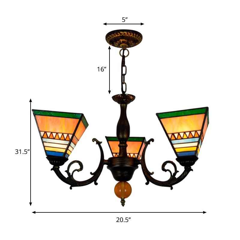 Pyramid Chandelier Retro Style Stained Glass 3 Bulbs Inverted Chandelier Light for Living Room
