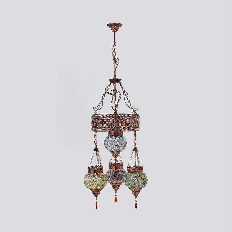 4 Heads Ceiling Chandelier Traditional Lantern Stained Glass Suspension Lighting Fixture in Copper for Restaurant