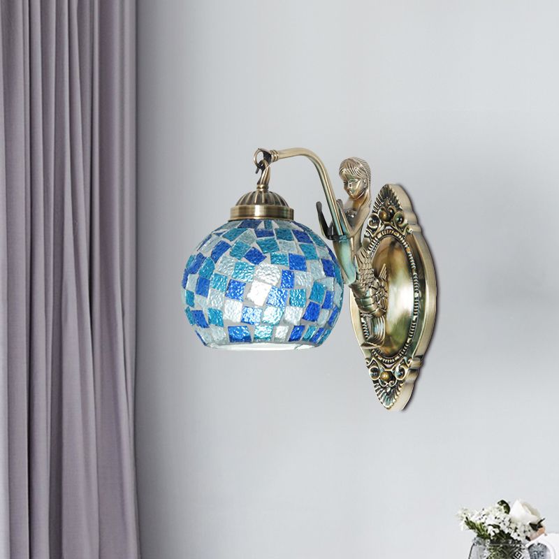 Cut Glass Global Wall Light Fixture Tiffany 1/2-Bulb Blue Wall Mount Lamp with Mermaid Design
