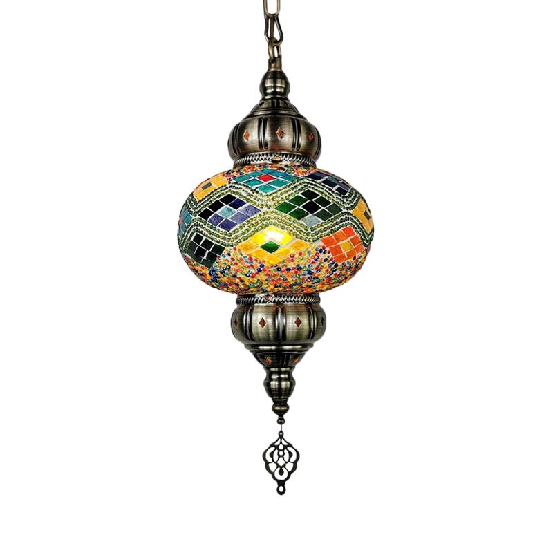 1 Head Cut Glass Ceiling Pendant Light Traditional Beige/Yellow/Blue Oval Dining Room Hanging Light Fixture