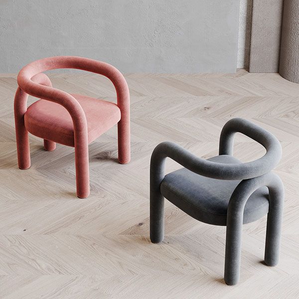 Silla de comedor curvada de terciopelo con respaldo abierto y acabado mate, estilo diseñador