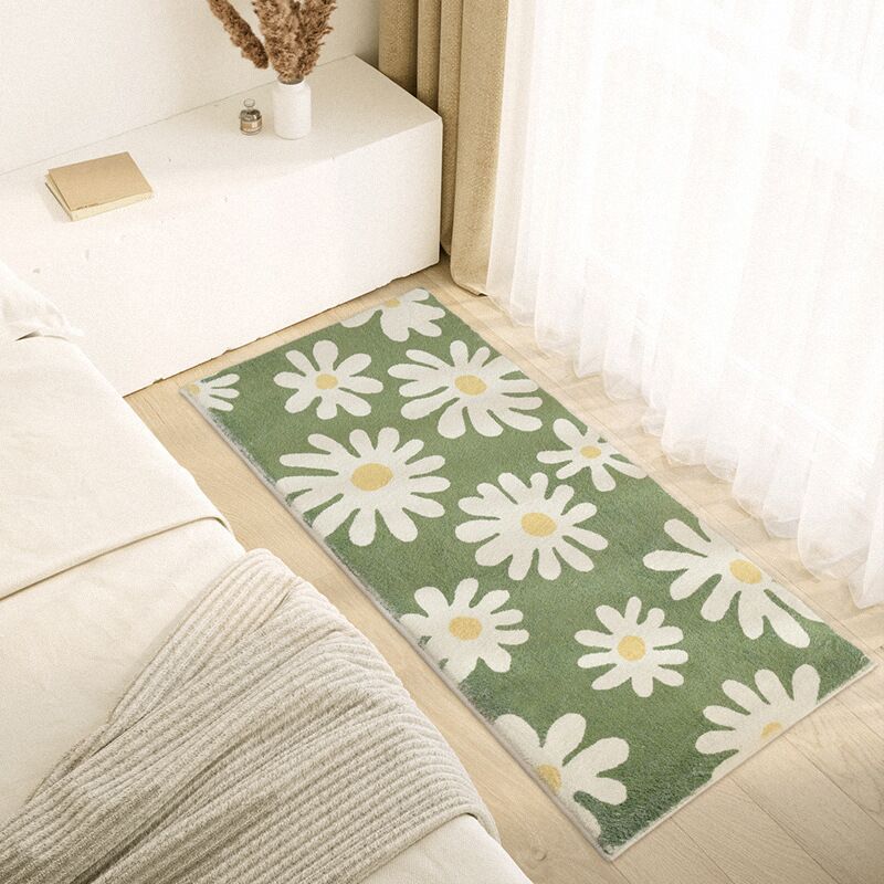 Green Flower Print Rug Polyester Modern Rug Washable Rug for Home Decor