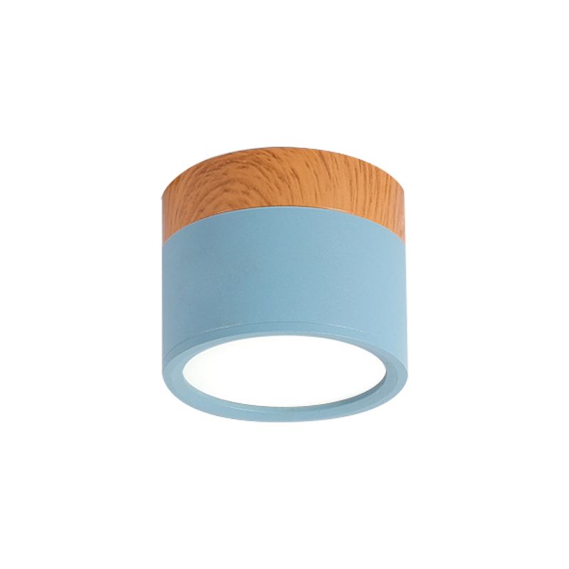 Cylinder Small Flush Ceiling Light Macaron Metal Kitchen Bar Flush Mount Lighting in Yellow/Blue/Black and Wood