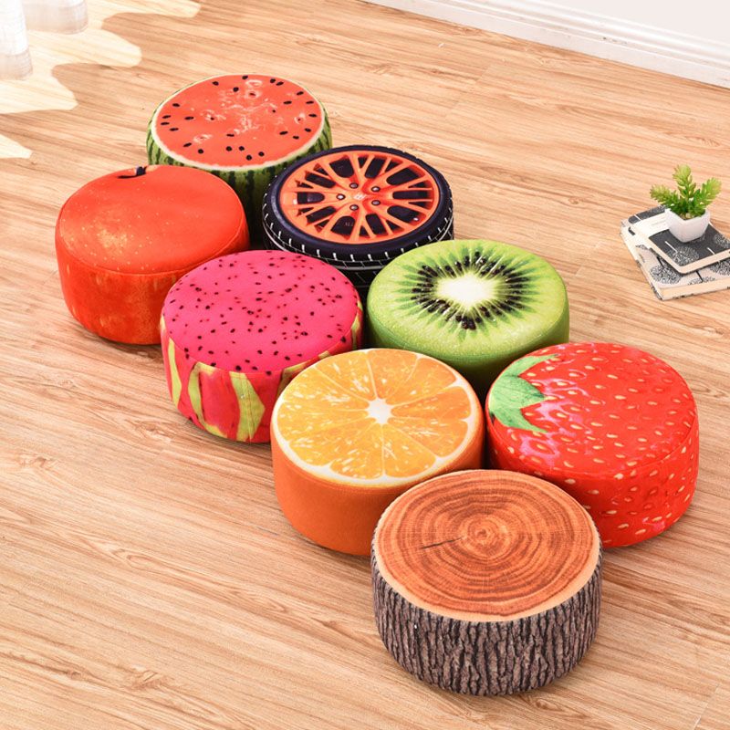 Round Pouf Upholstered Scratch Resistant Contemporary Fruit Printed Fabric Footstool