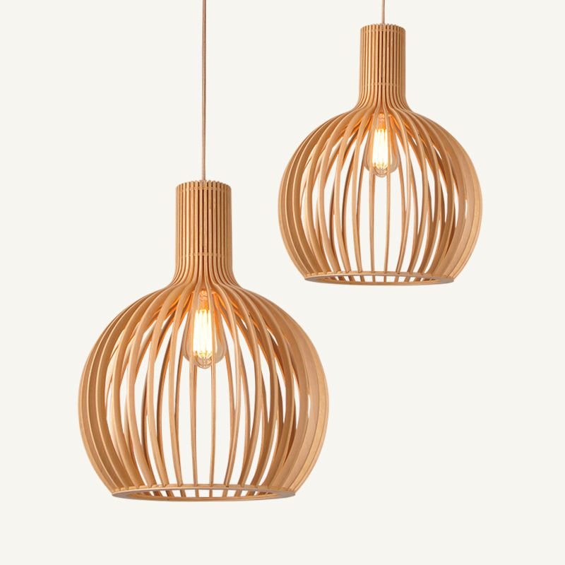 Spherical Caged Pendant Lamp Minimalist Wooden 1-Light Restaurant Hanging Light