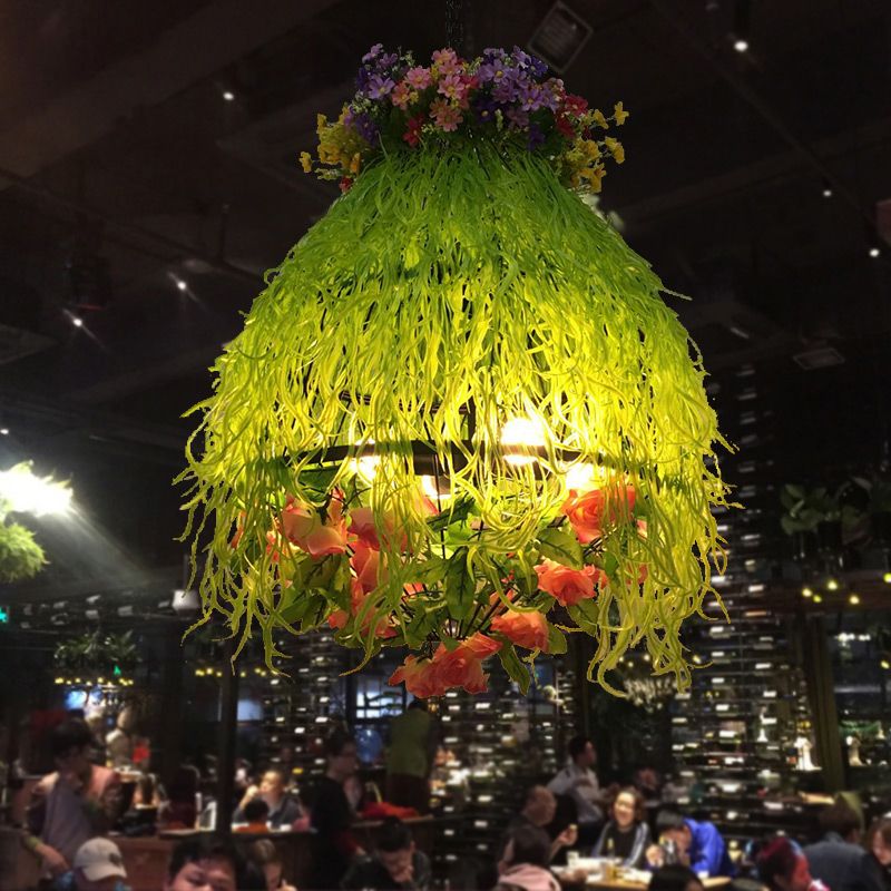 Plant Restaurant Chandelier Lighting Fixture Industrial Metal 4 Bulbs Green LED Drop Lamp