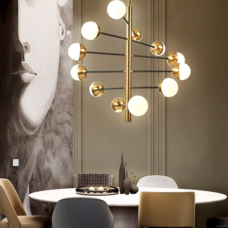 Gold Vertical Pendant Chandelier Postmodern Opal Ball Glass Hanging Light for Dining Room