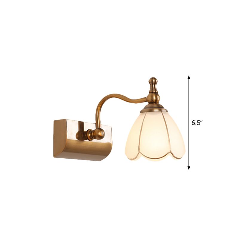 White Glass Brass Vanity Lamp Scalloped 1/2-Light Rustic Style Wall Mounted Lighting with Curved Arm