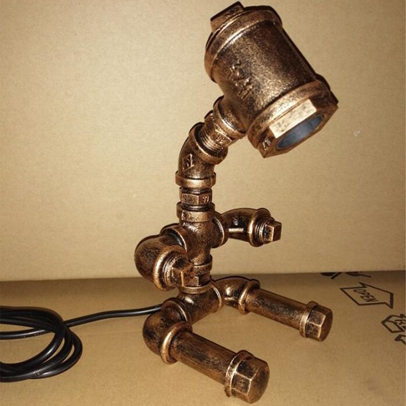 Lampada da tavolo industriale in metallo con lampada da comodino a 1 testa, piccola lampada da scrivania robot seduto in ottone con cavo di collegamento