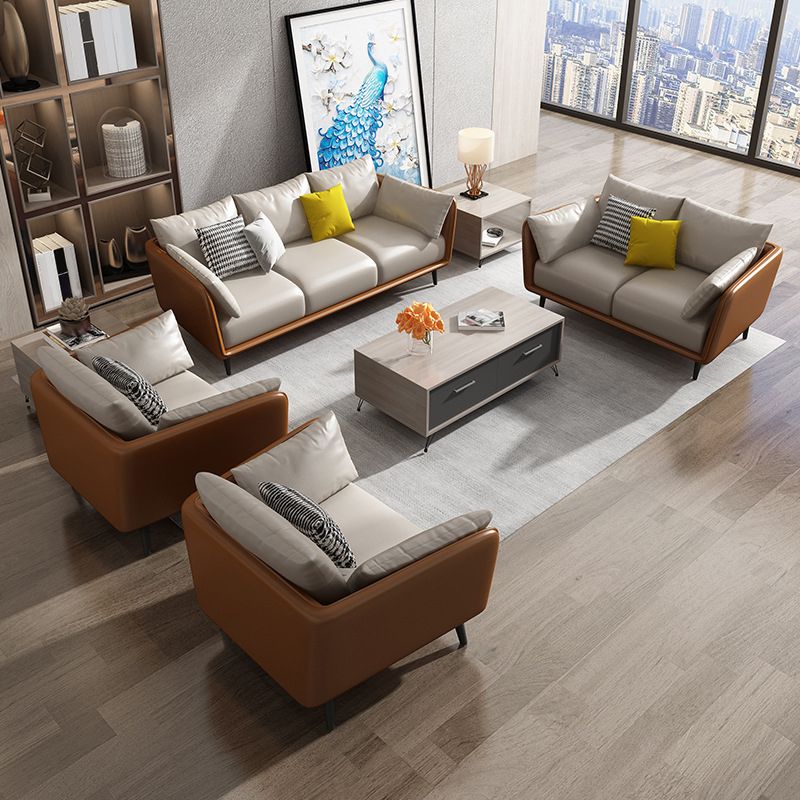 Faux Leather Sofa with Pillows Back and Pillow Top Arm for Living Room