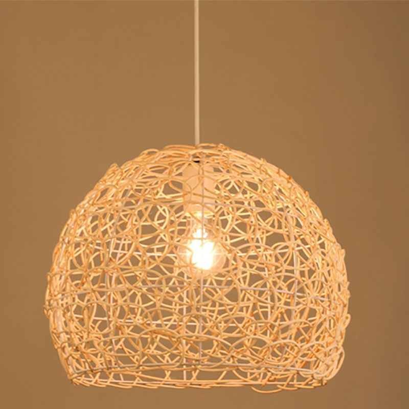 Asian Pendant Lighting Fixture 1-Light Beige Hanging Lamp Kit with Rattan Shade