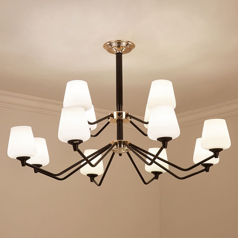 Opal Glass Black Pendant Lamp Sputnik 12 Lights Traditional Chandelier Light Fixture with Cup Shade