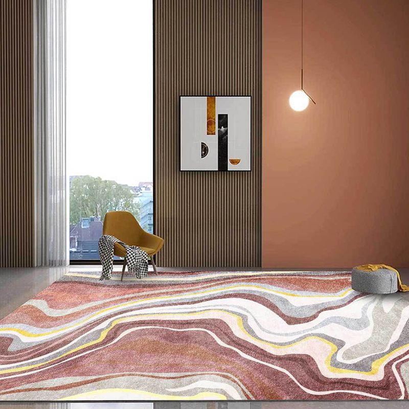 Pink and White Nordic Rug Polyester Swirl Striped Pattern Rug Washable Non-Slip Backing Carpet for Living Room
