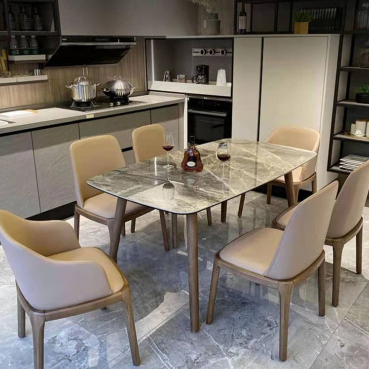 Gray Stone Top Table with Ash Wood Frame Modern Dining Table for Home