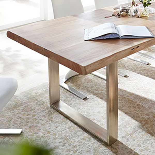 Modern Pine Wood Table for Restaurant Rectangle Dining Table with Silver Double Pedestal