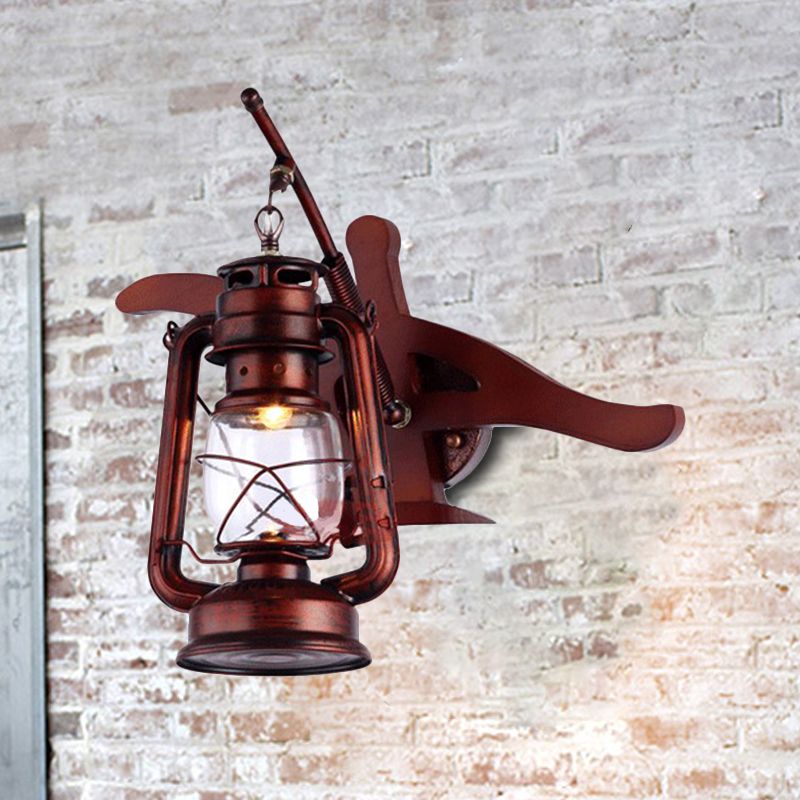 Farmhouse Lantern Shade Sconce Fixture Wrought Iron 1 Light Hallway Wall Sconce Lamp in Weathered Copper