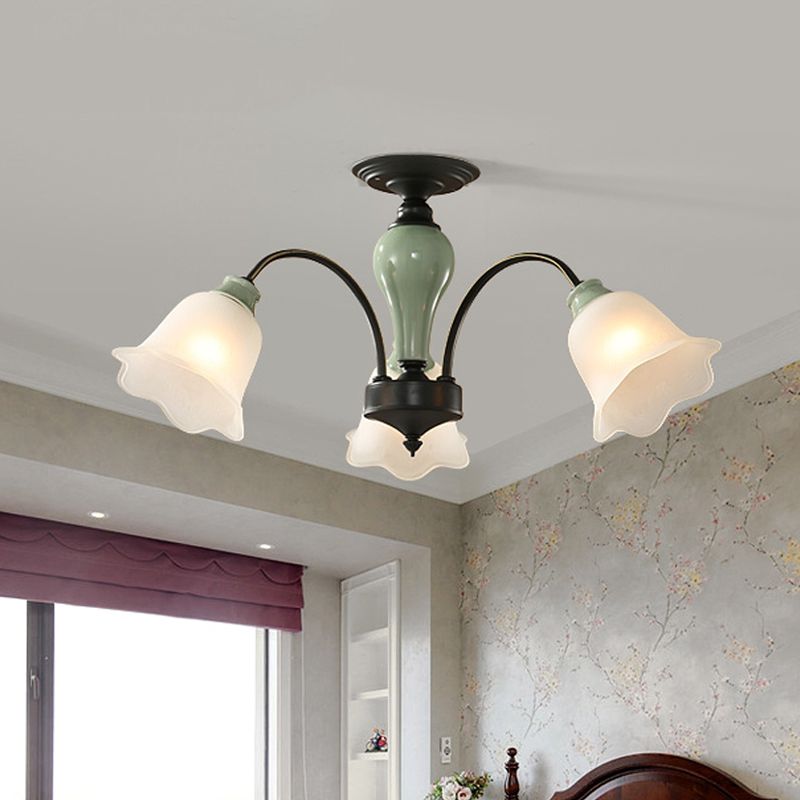 Black Flower Semi Flush Countryside Frosted Glass 3/6/8 Heads Living Room Ceiling Mount with Curved Arm