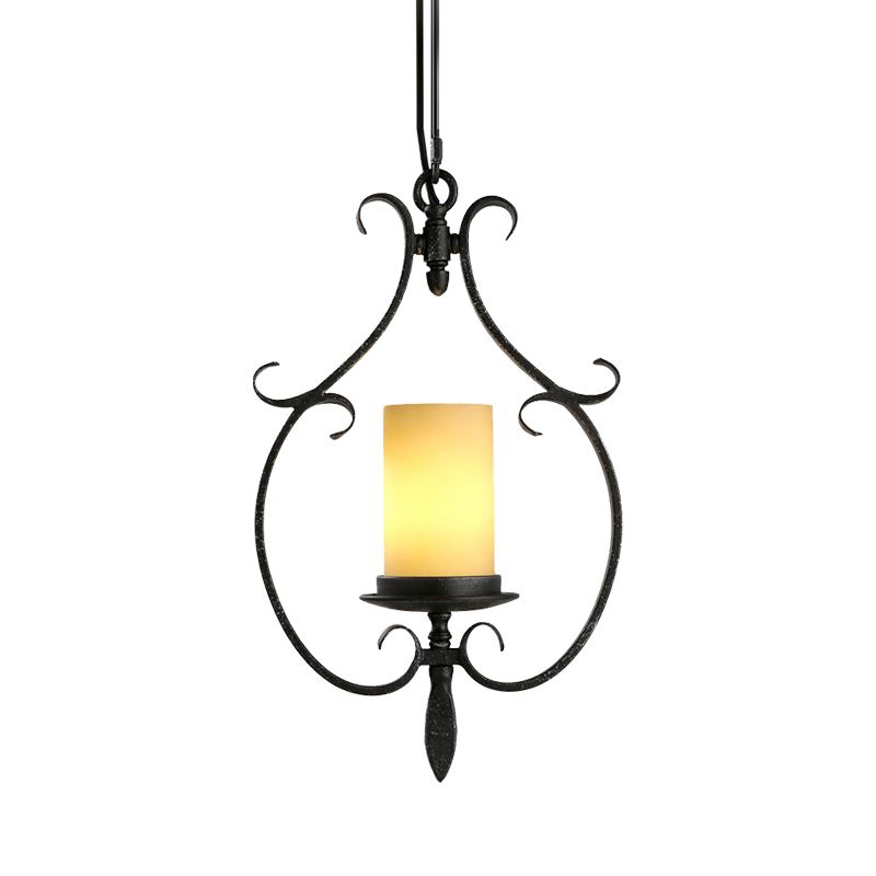 Luz de techo de colgante de cilindro negro antiguo Vidrio beige rústico 1 Lámpara de estar de sala de estar con jaula de metal