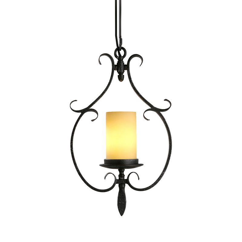 Antique Black Cylinder Pendant Ceiling Light Rustic Beige Glass 1 Light Living Room Hanging Lamp with Metal Cage