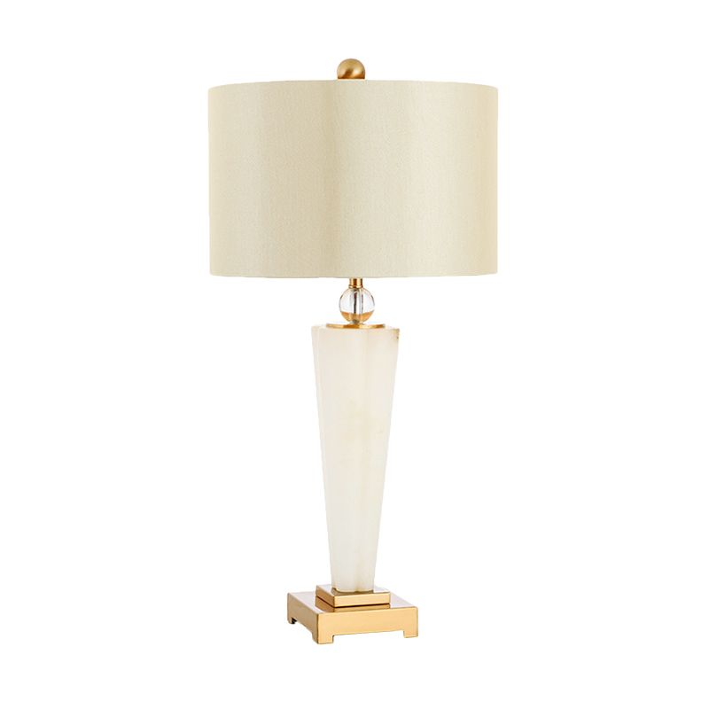 Fabric Cylinder Task Lamp Modern 1 Bulb White Desk Light with Square Gold Metal Pedestal