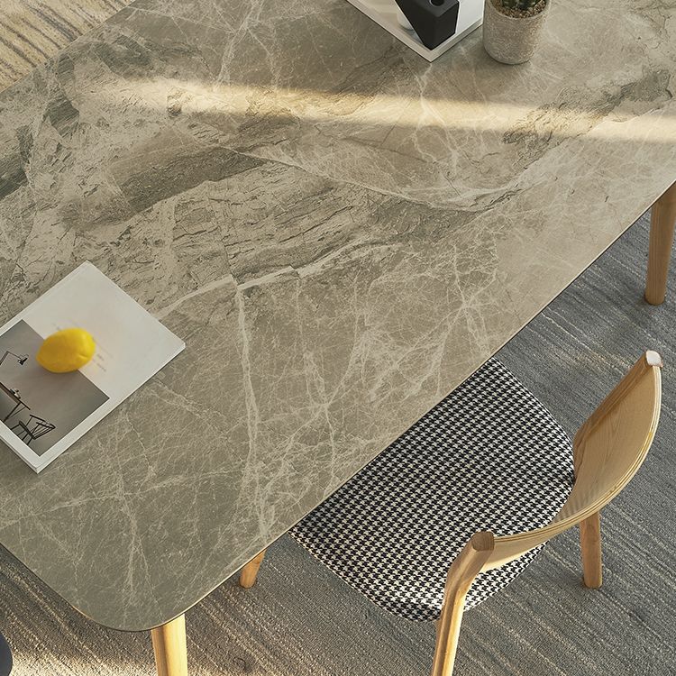 Mesa moderna de mediados de siglo de madera maciza, mesa rectangular de piedra sinterizada con 4 patas