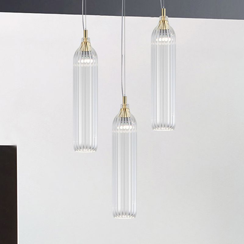 Cylinder Hanging Lighting Vintage Clear/Light Grey Ribbed Glass 1 Light Dining Room LED Pendant Lamp