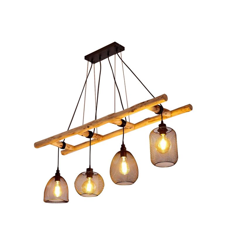 Iron Mesh Style Suspension Lighting Rustic 4-Bulb Dining Room Island Light in Wood