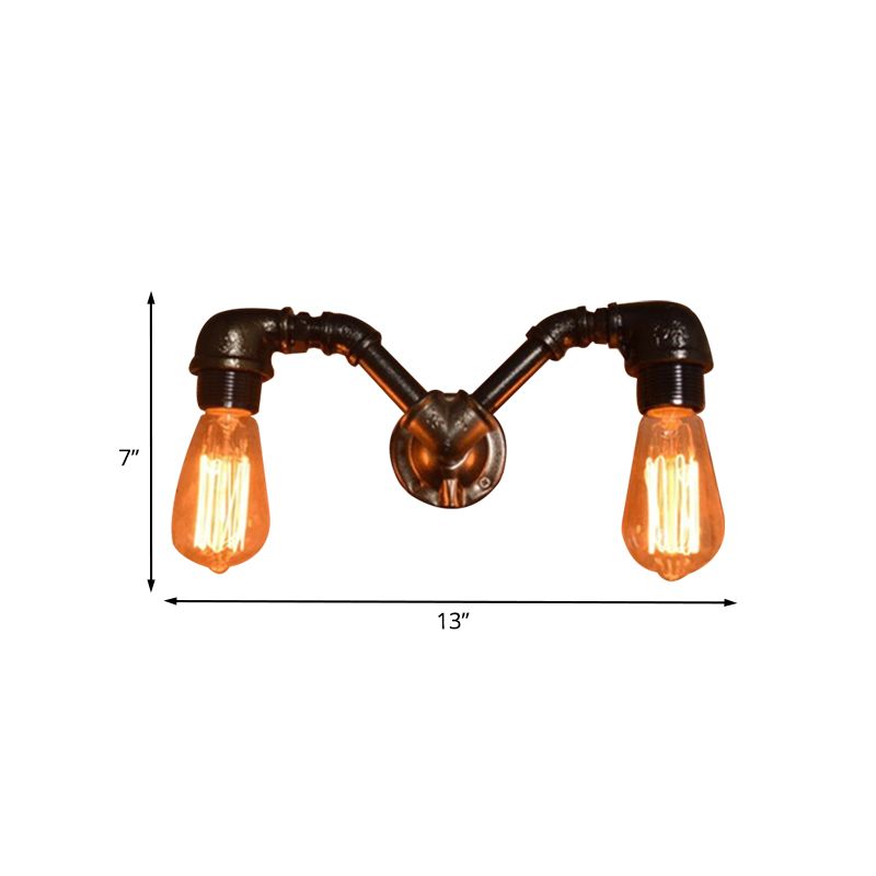 2 Heads Pipe Design Wall Lighting with Open Bulb Farmhouse Black Finish Metal Sconce Light Fixture