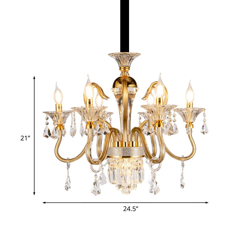 Crystal Candlestick Pendant Chandelier Mid-Century 6 Bulb Bedroom Hanging Lamp in Gold