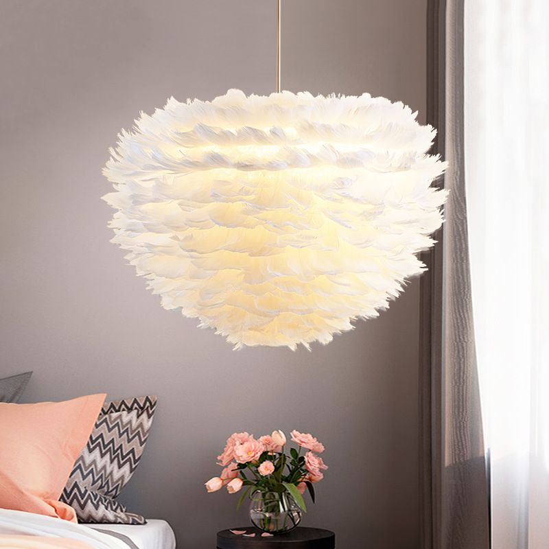 Contemporary Globe Feather Chandelier Lamp Modern White Hand-Woven Feathers Hanging Pendant Light for Bedroom