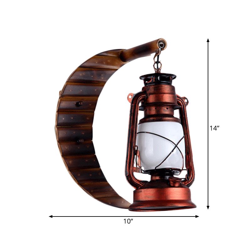 White Glass Copper Sconce Lamp Lantern 1 Light Coastal Style Wall Mounted Light with Bamboo Crescent Deco