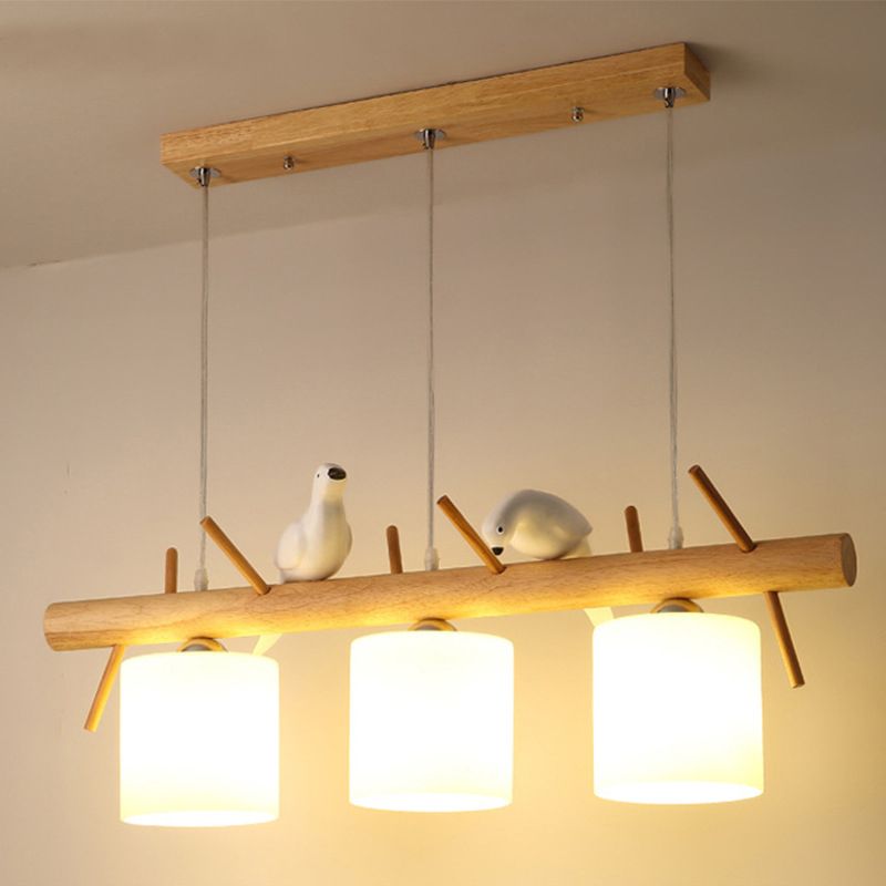 Modern Wood Pendant Light Cylinder Shape Island Light with Glass Shade for Living Room