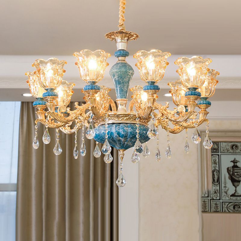 Ruffled Edge Living Room Chandelier Light Retro Handblown Glass Gold Pendant Light Fixture with Crystal Draping